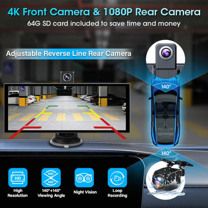 11.26” 4K ADAS Dash Cam Display – Wireless Android Auto & CarPlay Screen DVR with Dual Recording, Night Vision & FM Car System