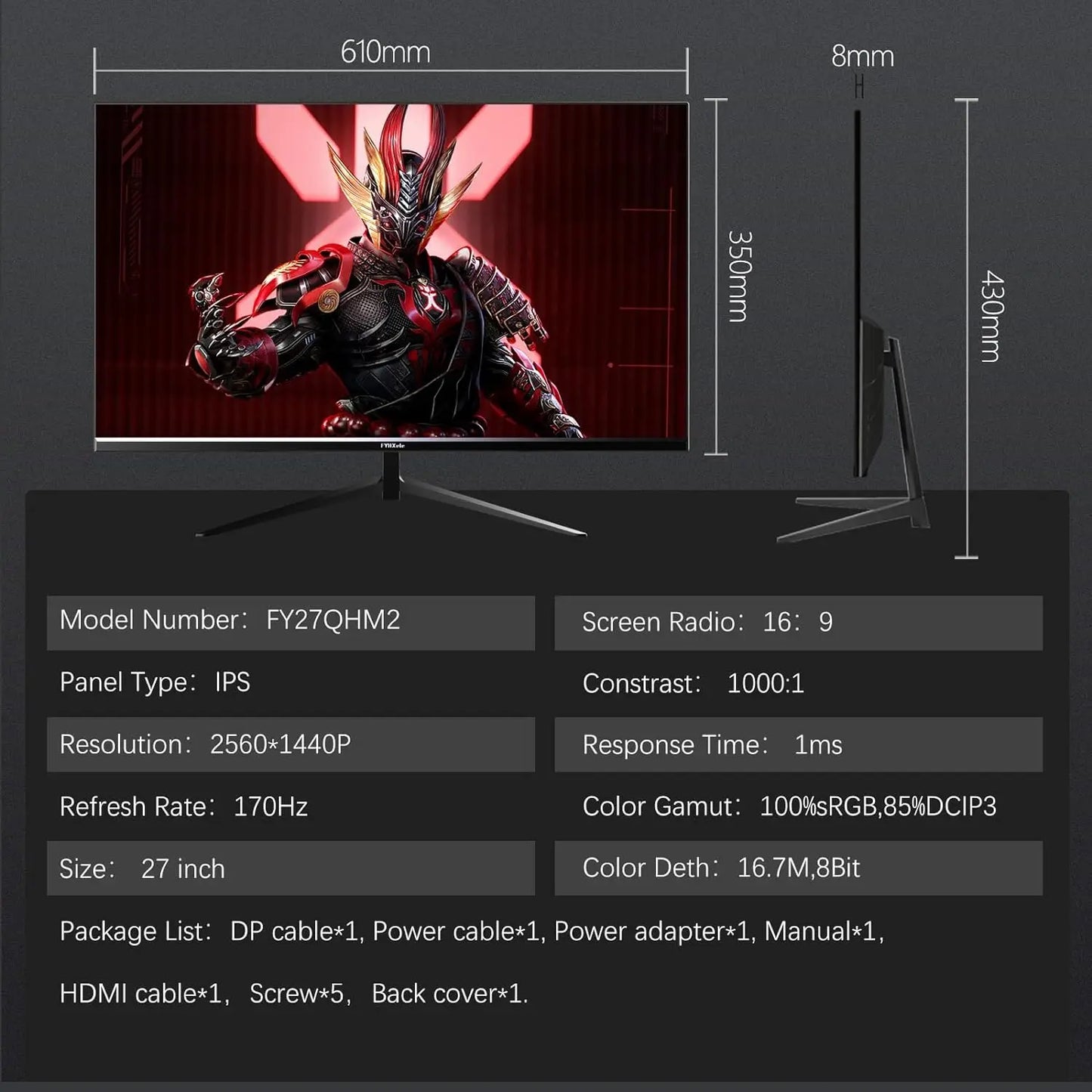27" 2K Gaming Monitor – 170Hz, 1ms, AMD FreeSync, 99% sRGB IPS, HDR400, HDMI & DisplayPort
