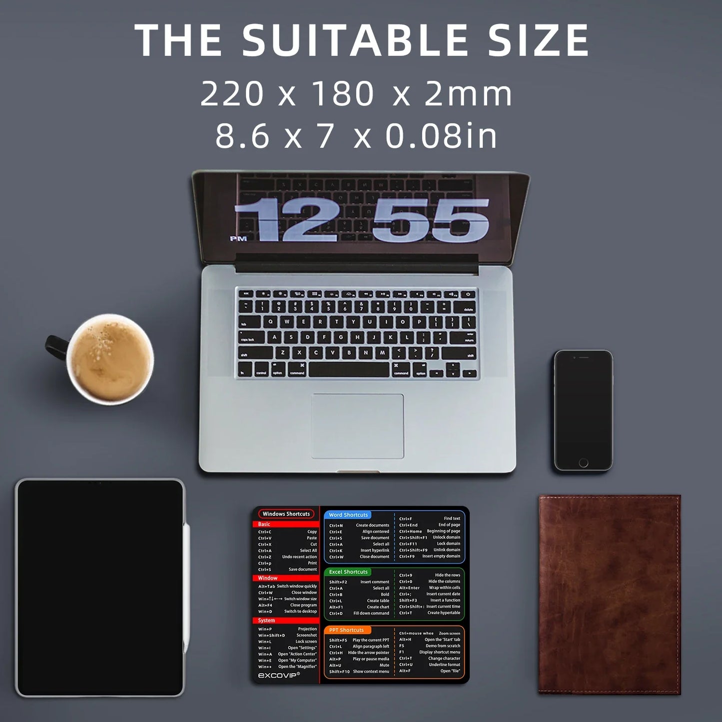 EXCO Excel Shortcuts Mouse Pad – Non-Slip Rubber Mouse Mat for Windows Office, Home & Laptop