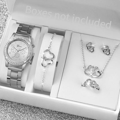 6PCS Women's Rhinestone Watch and Jewelry Set - Fashion Quartz Watch with Stainless Steel Band and Double Heart Design (Without Box)
