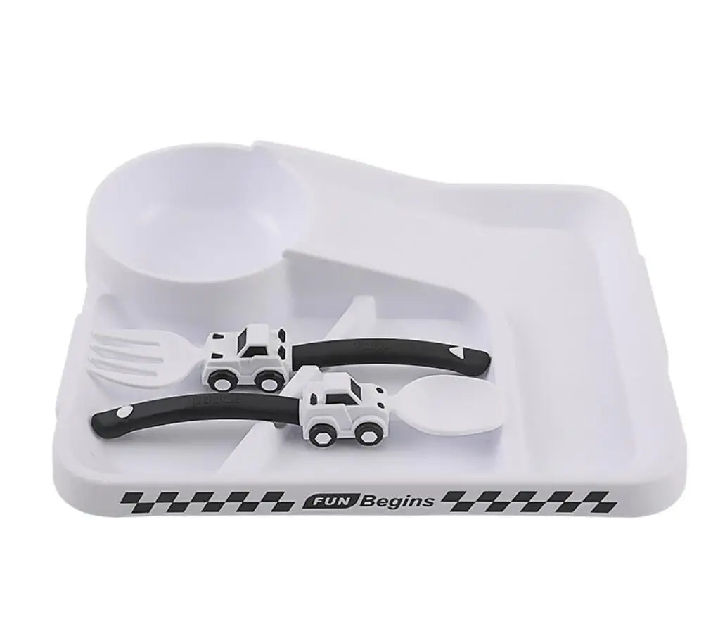 Kids Cartoon Racing Dinner Set - Baby Self Feeding Fork Spoon Plate & Divided Non-Slip Bowl Set