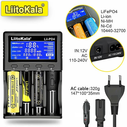 LiitoKala Lii-PD4/PD2 AC PD Charger – Fast Charging 4/2-Bay for 21700, 18650, AA & AAA Batteries with LCD & Multi-Protection