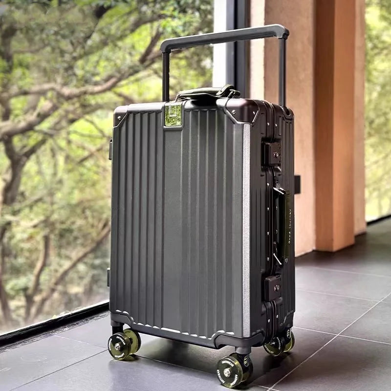 Aluminum Frame Rolling Luggage — Wide Handlebar Trolley Suitcase with Colorful Silent Spinner Wheels, TSA Lock & Large Capacity