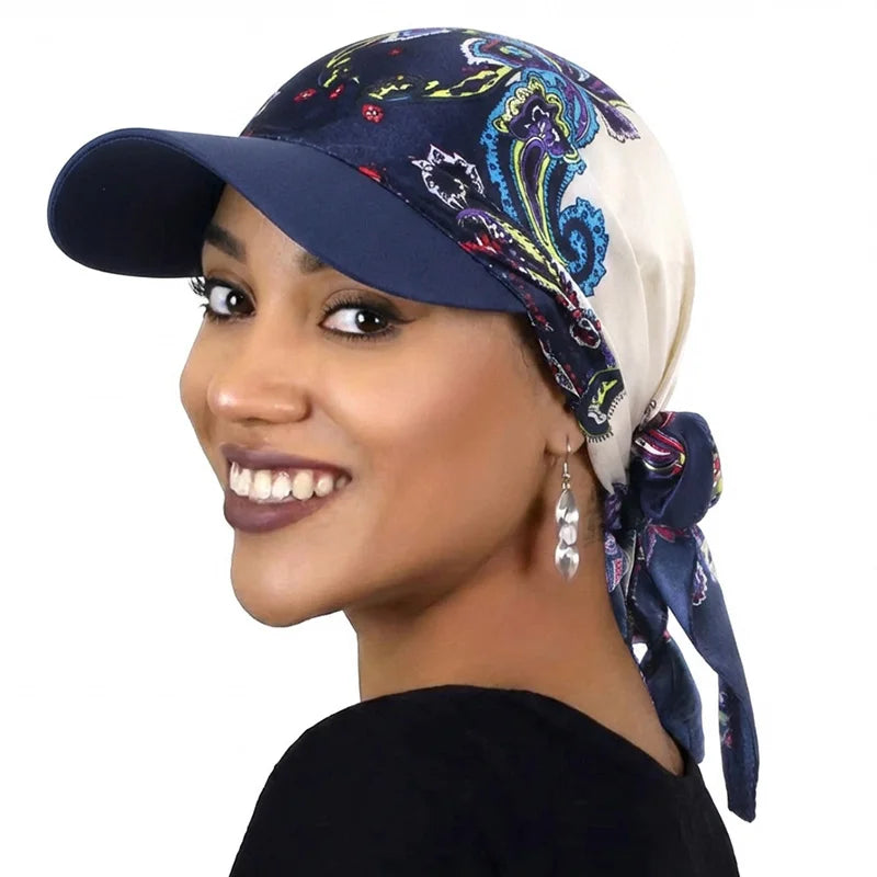 Women’s Printed Satin Sun Hat - Soft Breathable Headscarf Cap with Brim for Summer Fashion & Outdoor Wear
