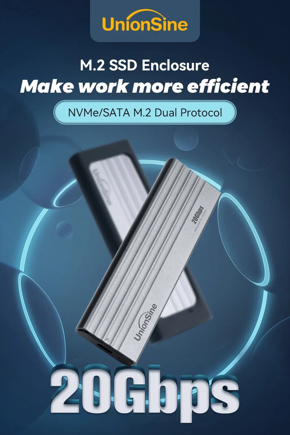 UnionSine 20Gbps M.2 PCIe SSD Case – Dual Protocol M.2 to USB Type-C 3.1 Adapter for NVMe, NGFF, and SATA SSD