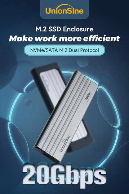 UnionSine 20Gbps M.2 PCIe SSD Case – Dual Protocol M.2 to USB Type-C 3.1 Adapter for NVMe, NGFF, and SATA SSD
