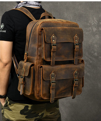 Vintage Crazy Horse Leather Backpack for Men — 17" Laptop Travel Rucksack Cowhide Hiking Bag M815