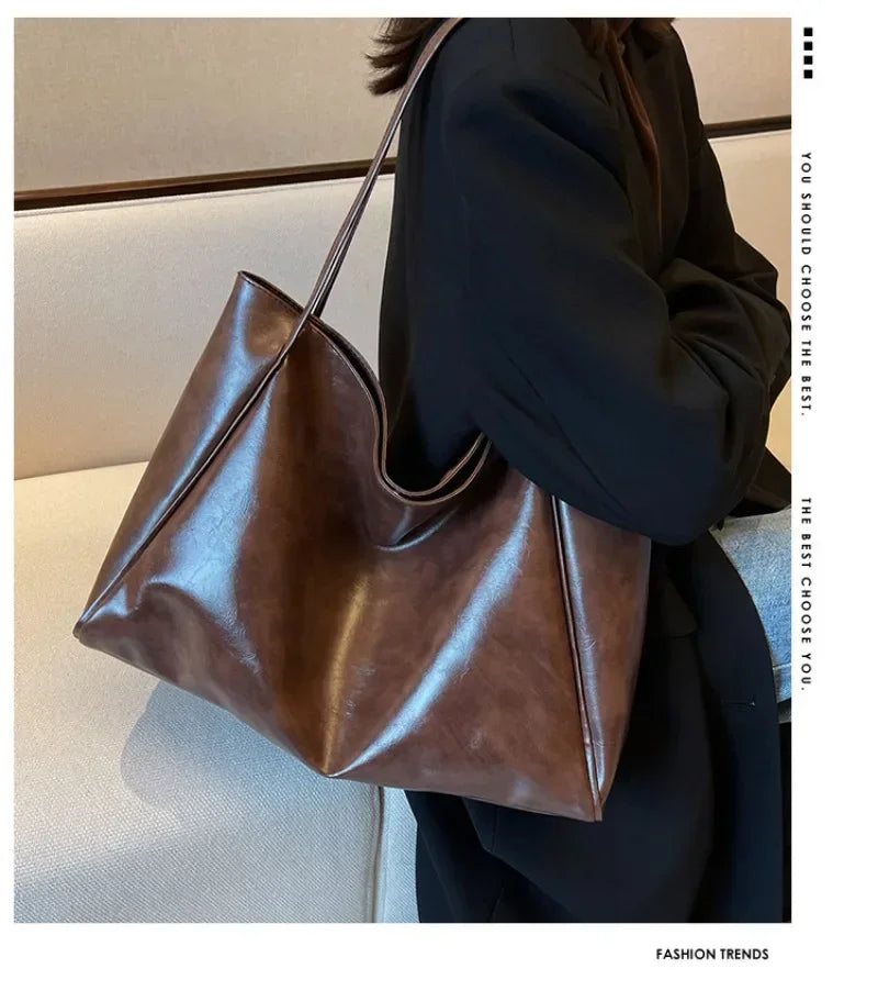 Women’s PU Leather Tote Bag – Large Capacity Soft Underarm Shoulder & Crossbody Bucket Bag Retro Casual Portable Handbag