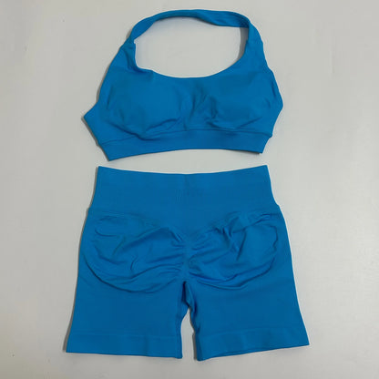 2PCS Seamless Yoga Workout Set – Scrunch Shorts & Halter Sports Bra Gym Fitness Outfit