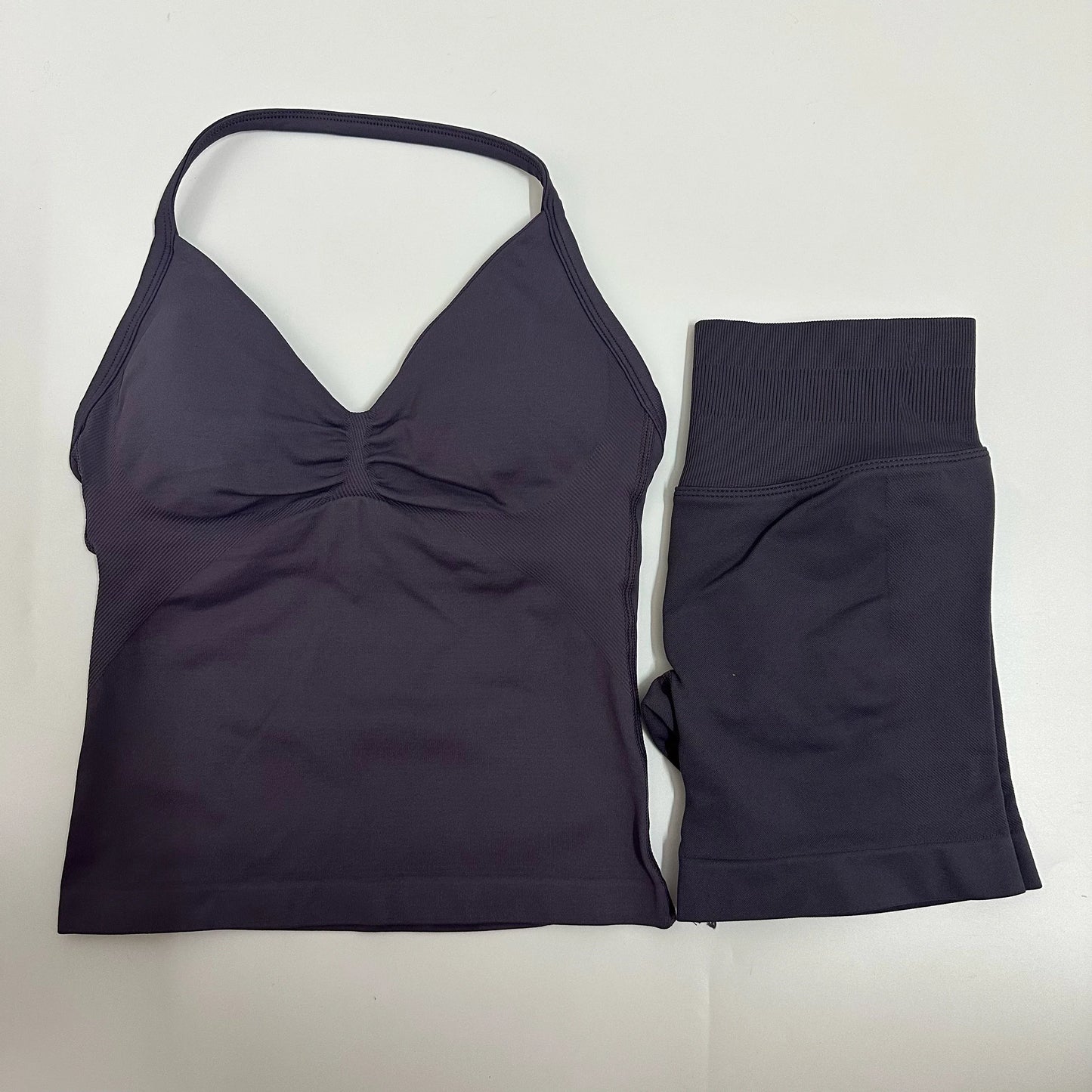 2-Piece Women’s Yoga Set – Seamless Longline Strappy Tank Top & Scrunch Sports Shorts, Summer Workout Gym Outfit