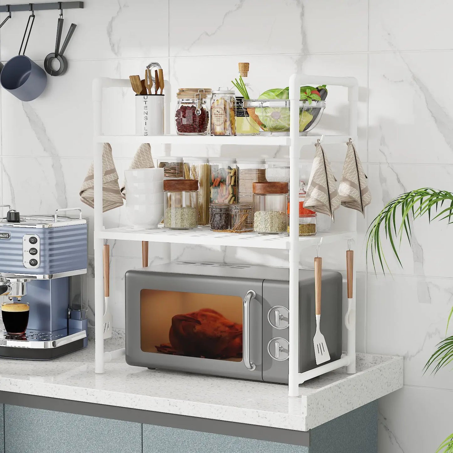 Extra Wide 2-Tier Microwave Stand — Heavy-Duty Kitchen Shelf with Handrail Hooks, Non-Slip Rack for Oven, Toaster & Spices