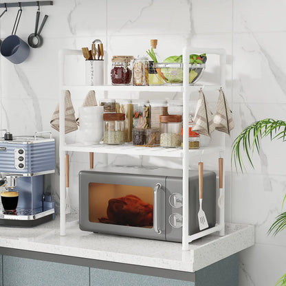 Extra Wide 2-Tier Microwave Stand — Heavy-Duty Kitchen Shelf with Handrail Hooks, Non-Slip Rack for Oven, Toaster & Spices