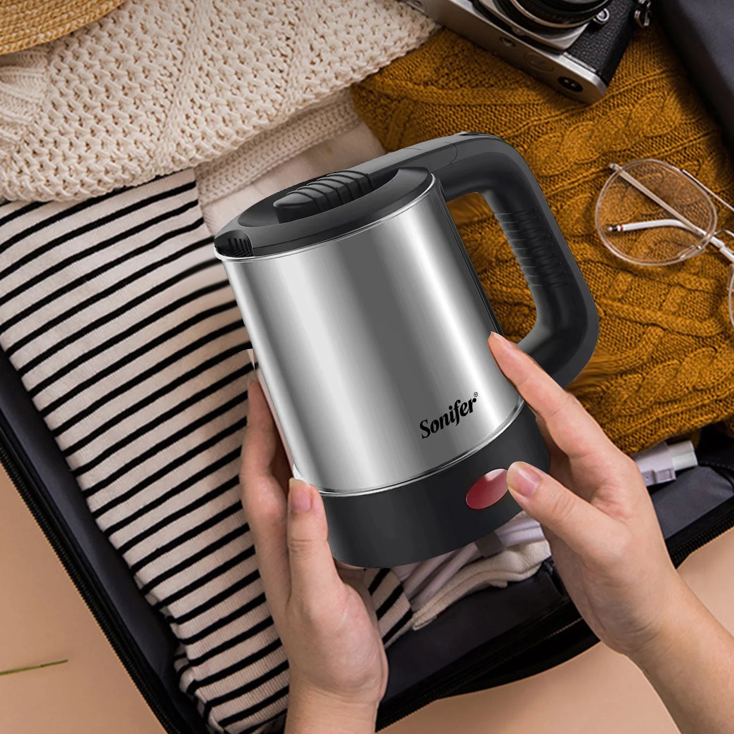 0.5L Mini Electric Kettle - 600W Portable Stainless Steel Water Boiler for Tea and Coffee, Ideal for Travel, Hotel, and Family Use (Sonifer)