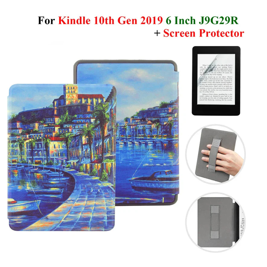 Kindle 10th Gen 6" Leather Case – Hand Strap & Screen Protector Cover with Wake/Sleep Function (2019, J9G29R)