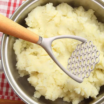 Aluminum Potato Masher & Meat Press - Wooden Handle Manual Kitchen Crusher & Garlic Masher