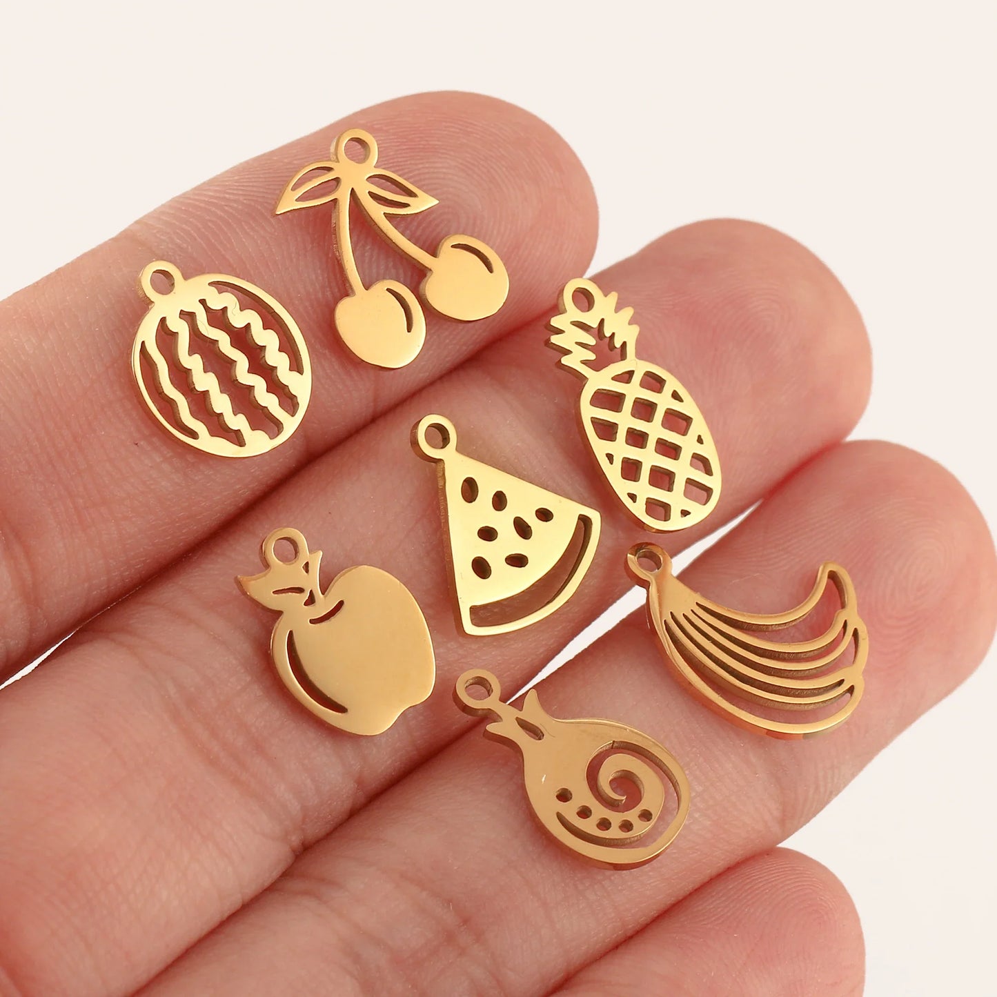 5pcs Stainless Steel Fruit Charms – Strawberry, Cherry, Pineapple & Watermelon Pendants for DIY Bracelets & Necklace Jewelry Making