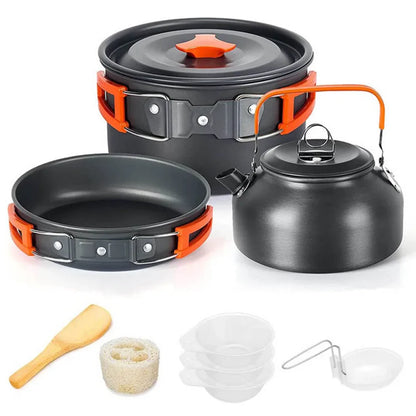 Camping Cookware Set — Non-Stick Cooking Pots, Teapot & Travel Tableware for 2-3 People, Outdoor Picnic Set