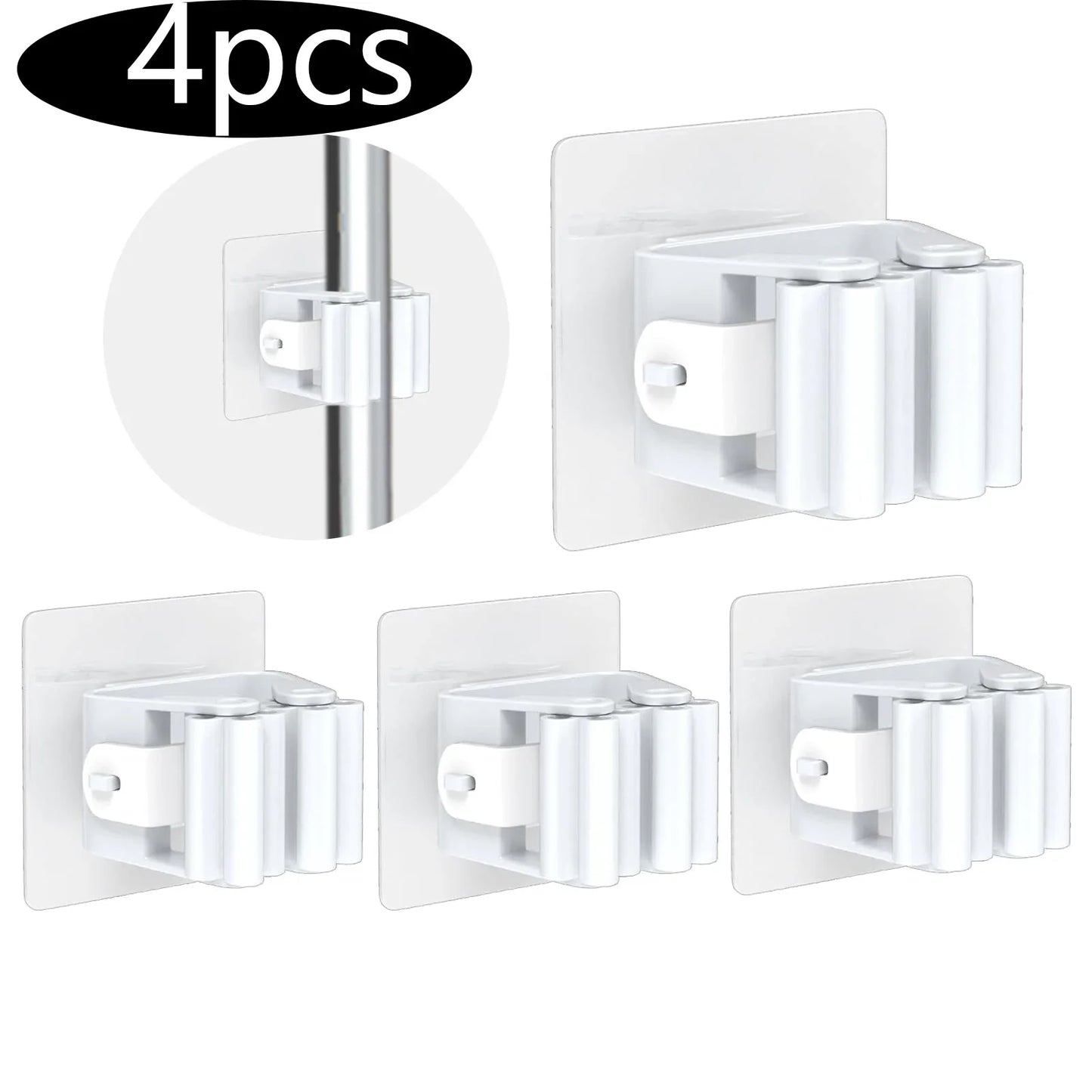 Mop Hanger 4-Pack — Self-Adhesive Wall-Mounted Broom & Mop Holder for Laundry Room & Bathroom Organization