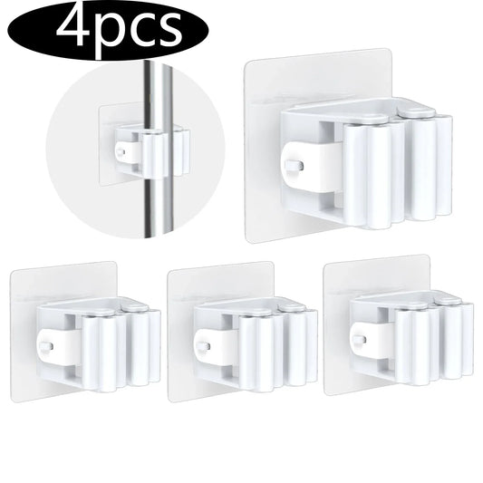 Mop Hanger 4-Pack — Self-Adhesive Wall-Mounted Broom & Mop Holder for Laundry Room & Bathroom Organization
