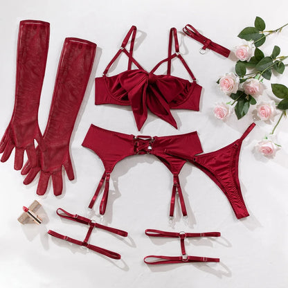 Push-Up Bikini Set - Hollow-Out Three-Piece Swimsuit with Garter Belt & Gloves