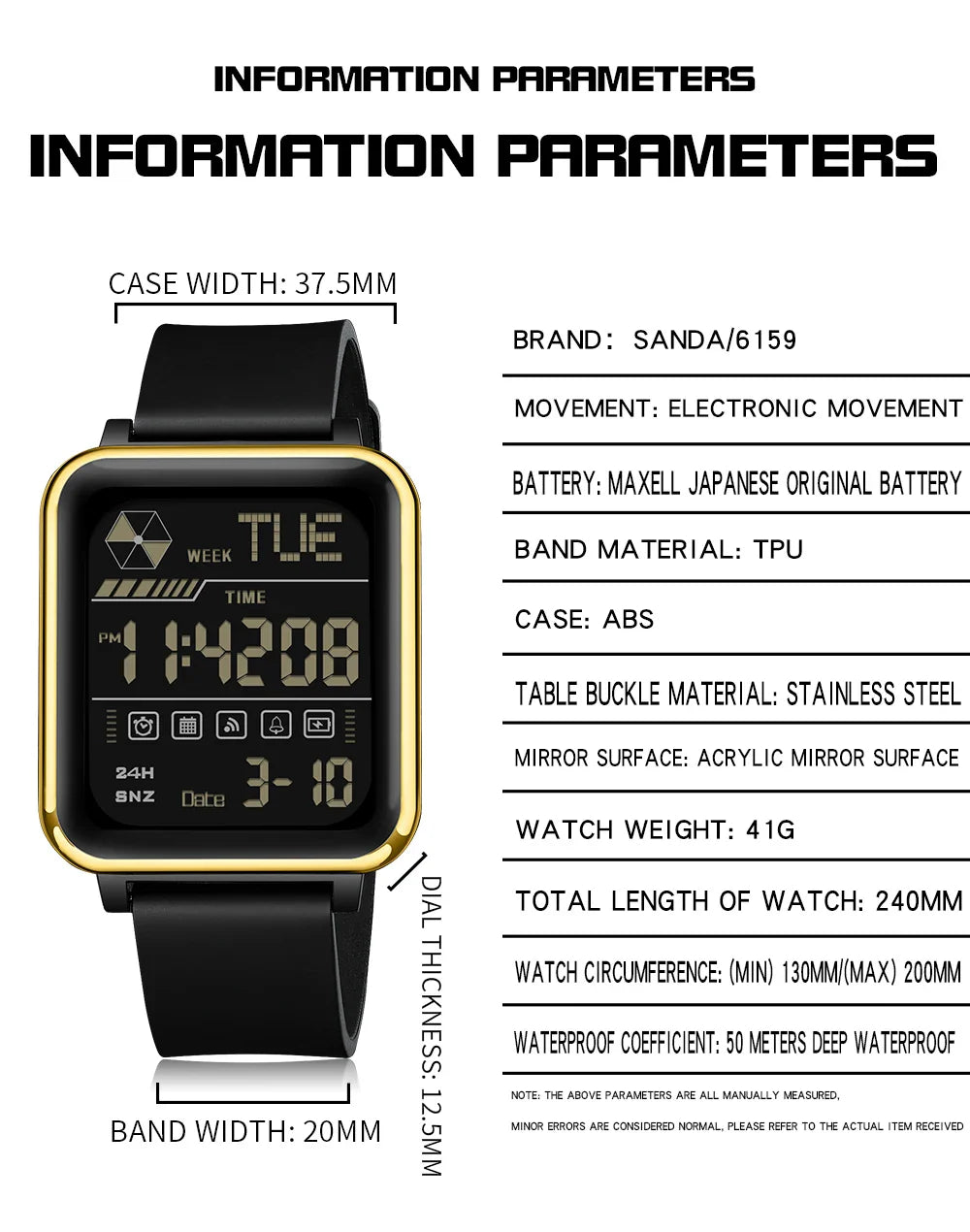 SANDA Digital Military Watch for Men – Luxury LED Stopwatch, Waterproof, Top Brand Electronic Wristwatch, Gift 6159