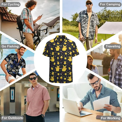 Summer Men's Short Sleeve Shirt – Cute Animal Print, Open Button Lapel, Comfortable Casual Top