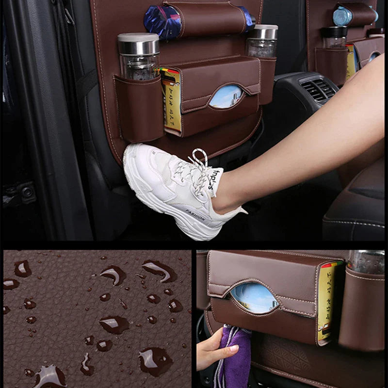 Car Seat Back Organizer with Foldable Table Tray – PU Leather Storage with Pockets, Kick Mats & Interior Accessories