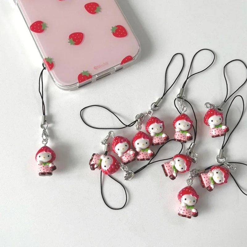 Kawaii Strawberry Hello Kitty Phone Pendant — Cute DIY Backpack Keychain, Fun Decoration & Birthday Gift for Friends