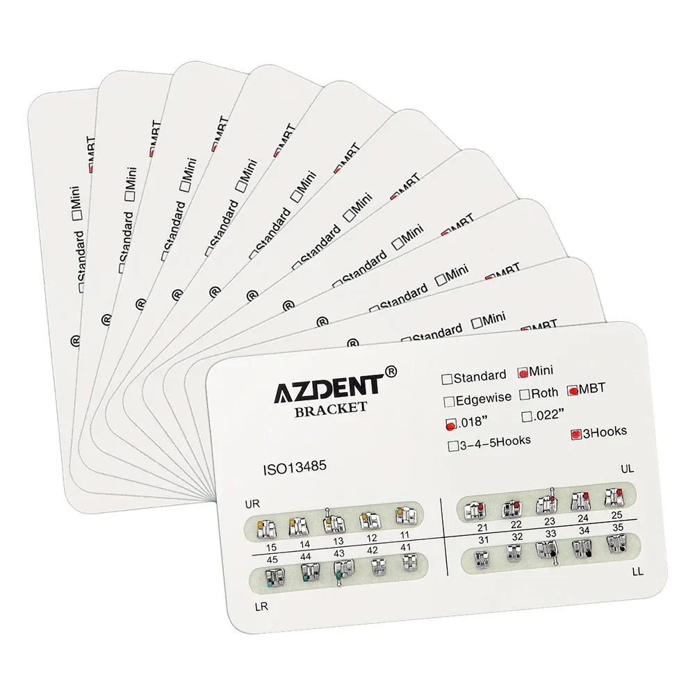 AZDENT 10 Packs Dental Brackets – Orthodontic Metal Mini Standard Roth MBT Slot 0.022/0.018 with Hooks, 20 Pcs per Pack