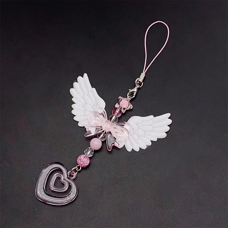 Wings Bow Heart Phone Charm - Sweet Mobile Strap Chain & Keychain Bag Accessory for Girls and Women