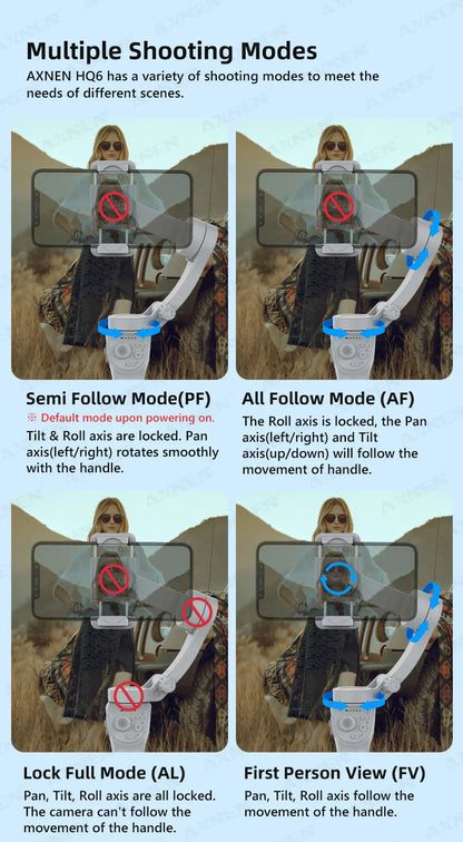 HQ6 3-Axis Gimbal Handheld Stabilizer – With Fill Light, Face Tracking, Anti-Shake for Android & iPhone Video Recording