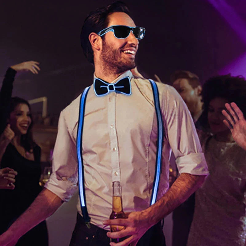 LED Light-Up Suspenders & Bow Tie Set: Adjustable Elastic Pants Suspender for Men & Women - Perfect for Music Festivals & Costume Parties