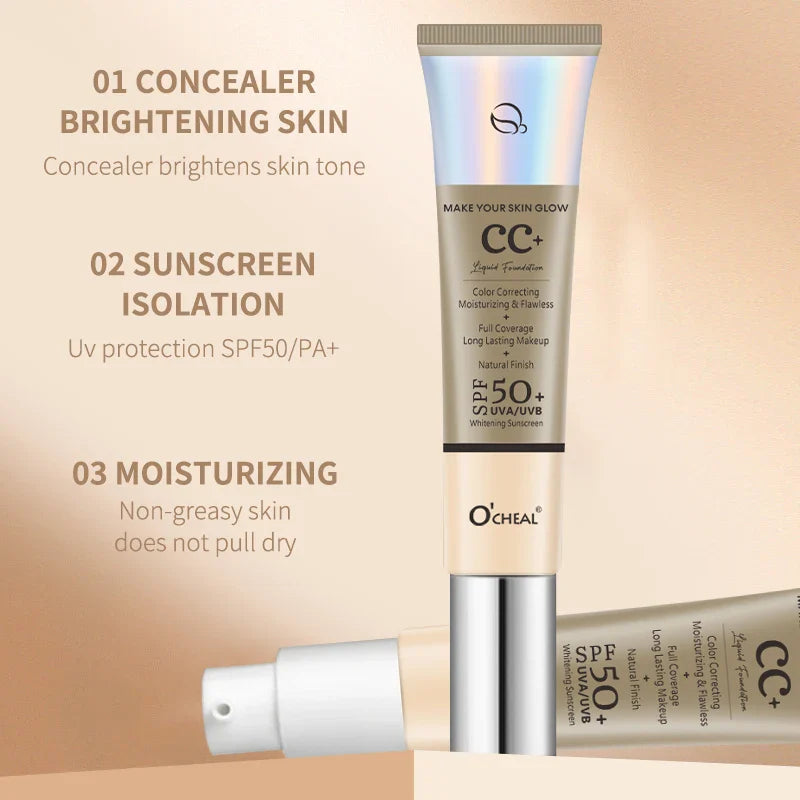 Ocheal CC Cream Foundation 30g SPF 50+ – Waterproof Moisturizing Concealer, Long-Lasting Brightening Makeup Primer with Sunscreen