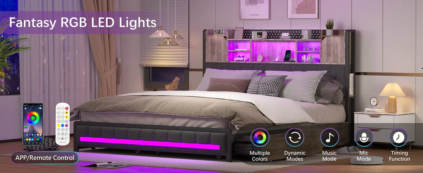 Full Size Upholstered Bed Frame with Storage Drawers, Bookcase Headboard, LED Lights & USB Charging Station
