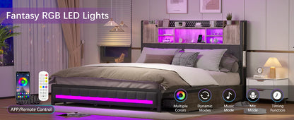 Queen Bed Frame with 4 Storage Drawers – Upholstered LED Bed with Bookcase Headboard, Type-C & USB Charging Station