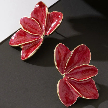 Metal Flower Red Enamel Petal Post Earrings — Trendy Fashion Jewelry for Women, Daily & Holiday Accessories MQ478