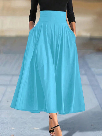 Women’s Solid Color A-Line Skirt – High Elastic Waist Long Elegant Skirt with Bow Detail Casual Fashion Skirt for Women Clothing