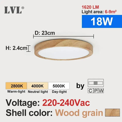 LVL LED Ceiling Light – 3-in-1 Wood Grain & White Round Flush Lamp for Kitchen, Bedroom & Bathroom