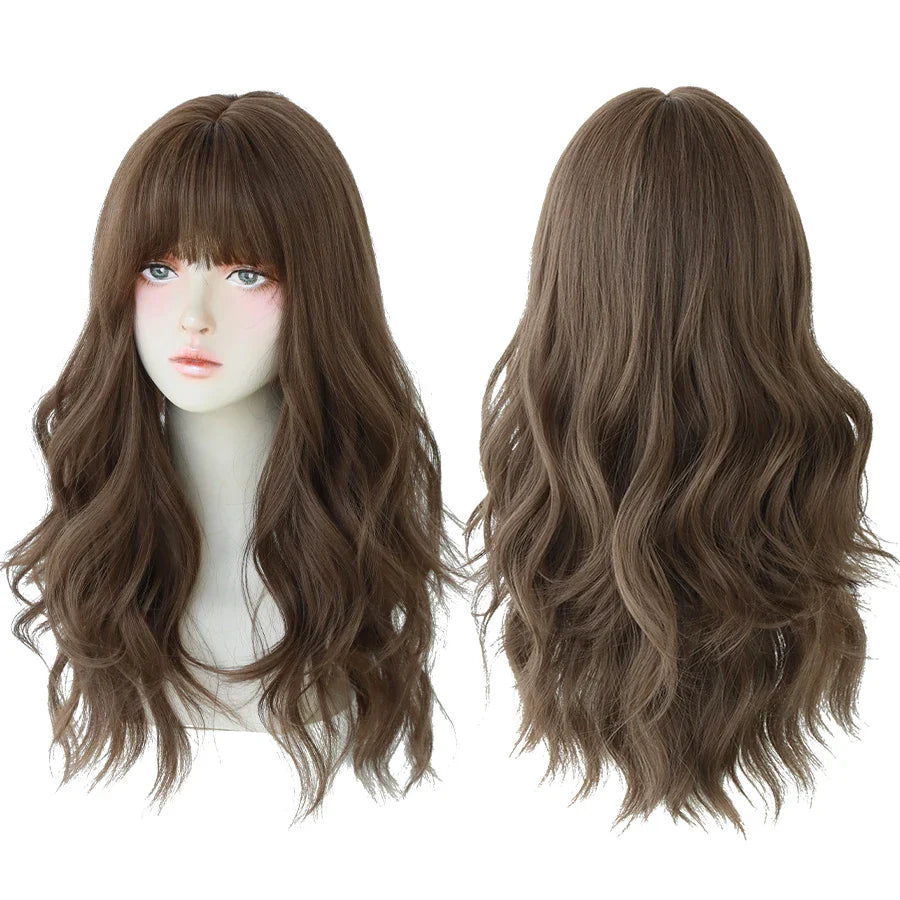 7JHH Brown Ash Long Deep Wave Lolita Wig for Women — Synthetic Hair with Bangs, Thick Curly Fashion Wig