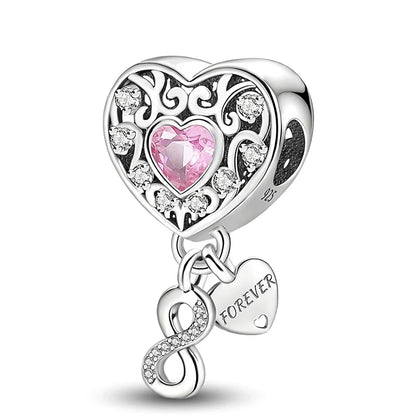 925 Sterling Silver Pink Heart Charm - Zircon Love Pendant Bead for DIY Bracelets, Bangles & Women’s Jewelry