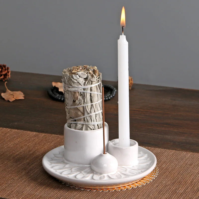 Morandi Ceramic Candle Holder & 4 in 1 Incense Burner – Palo Santo, Sage, Stick & Cone Holder