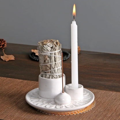 Morandi Ceramic Candle Holder & 4 in 1 Incense Burner – Palo Santo, Sage, Stick & Cone Holder