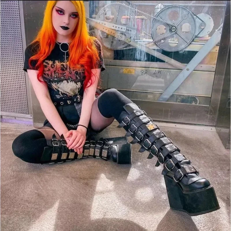 Women’s Gothic Boots – Cosplay High Heel Platform Wedges, Buckle Strap Long Tube Leather Boots, Plus Size Options