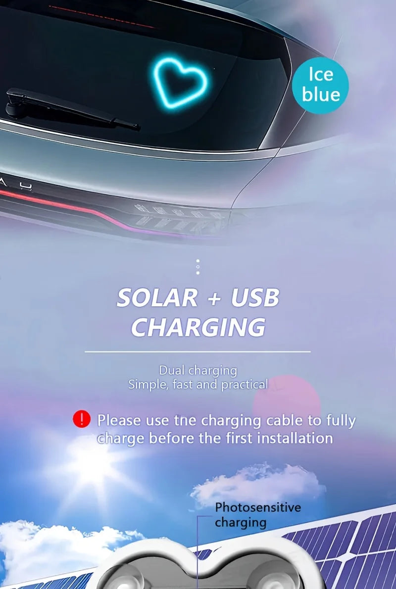 Solar-Powered LED Car Window Neon Lights — Heart-Shaped RGB-Free Color-Changing Interior Atmosphere Light