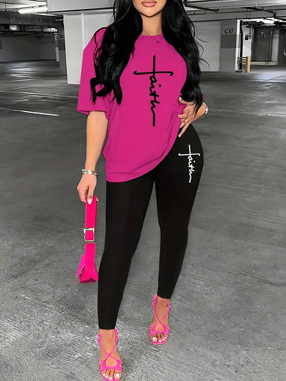 Women’s Plus Size Sports Outfit Set – Abstract Print Long Sleeve T-Shirt Top & Stretch Comfy Fitness Pants Set