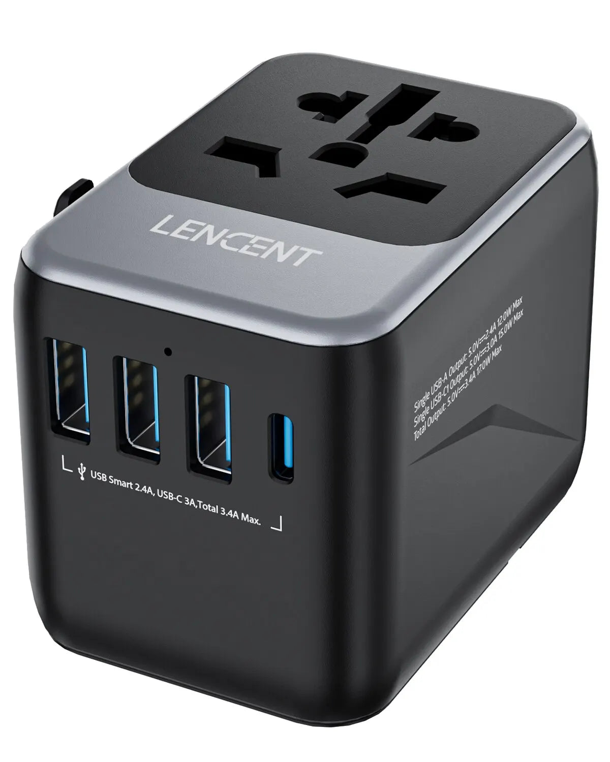LENCENT Universal Travel Adapter with 3 USB Ports & Type-C PD Charging - EU/UK/USA/AUS Plug, All-in-One Travel Charger