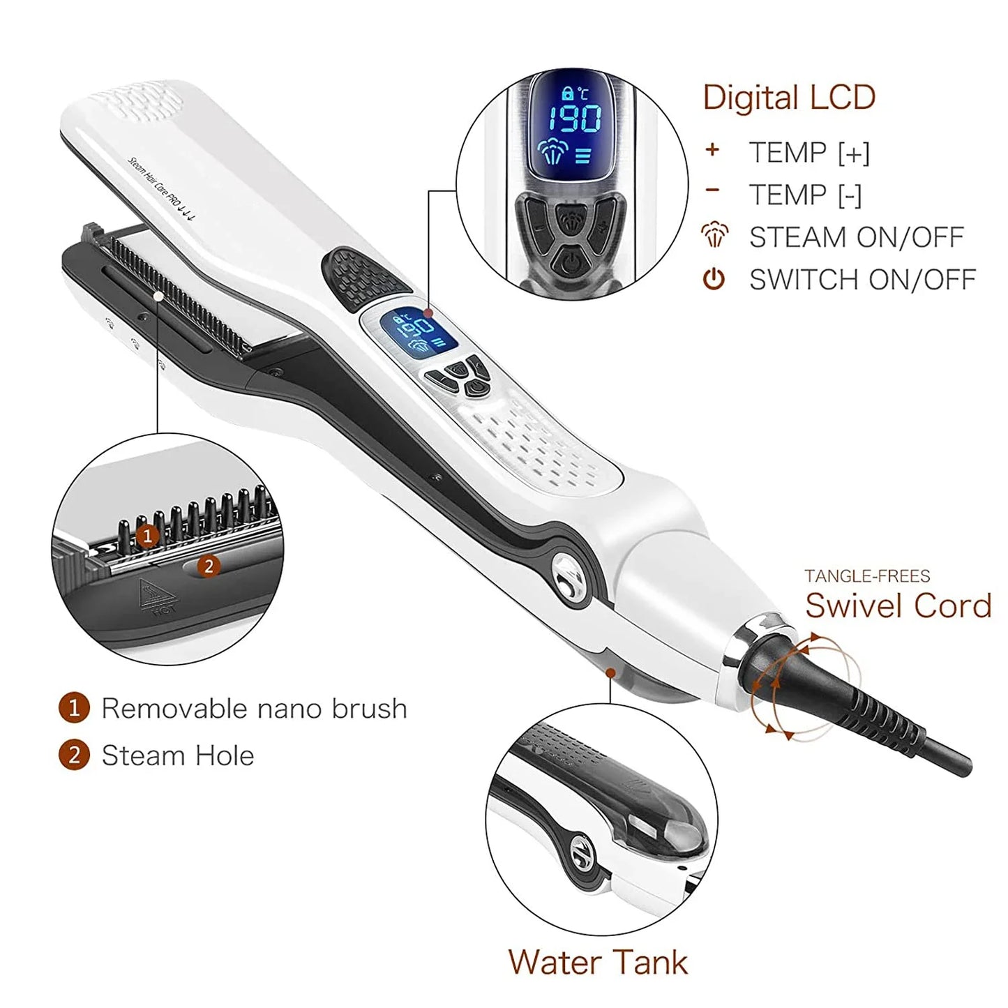 Professional Hair Straightener – Dual Voltage Titanium Curling Iron, Steam Flat Iron & Hot Hair Comb with Wide Plates