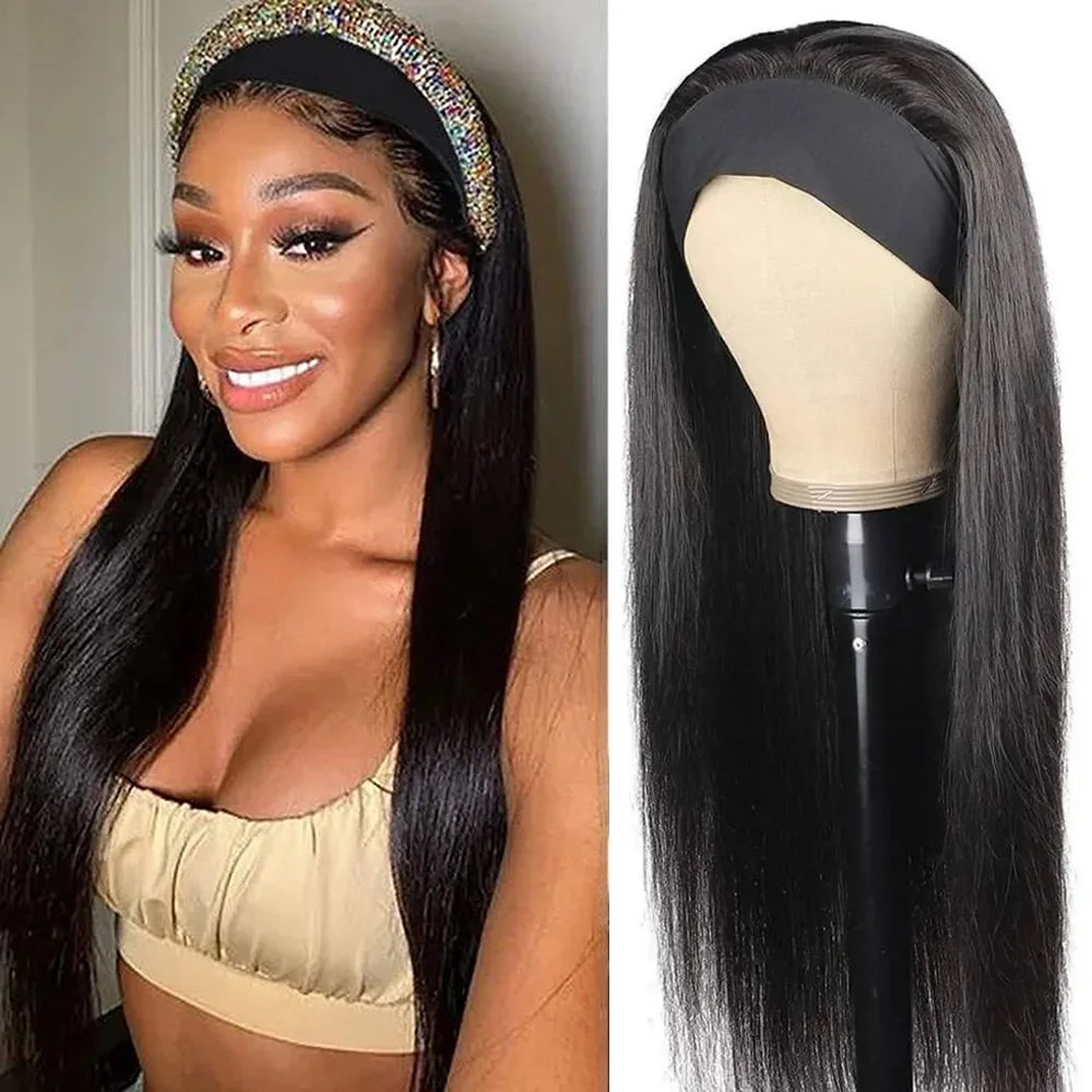 Headband Wig – 180% Density Bone Straight Peruvian Human Hair Wig for Black Women, Full Machine Made
