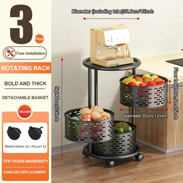 5 Layer Stainless Steel Rotating Shelf - Kitchen & Bathroom Storage Baskets, Fruit & Vegetable Rack with Wheels