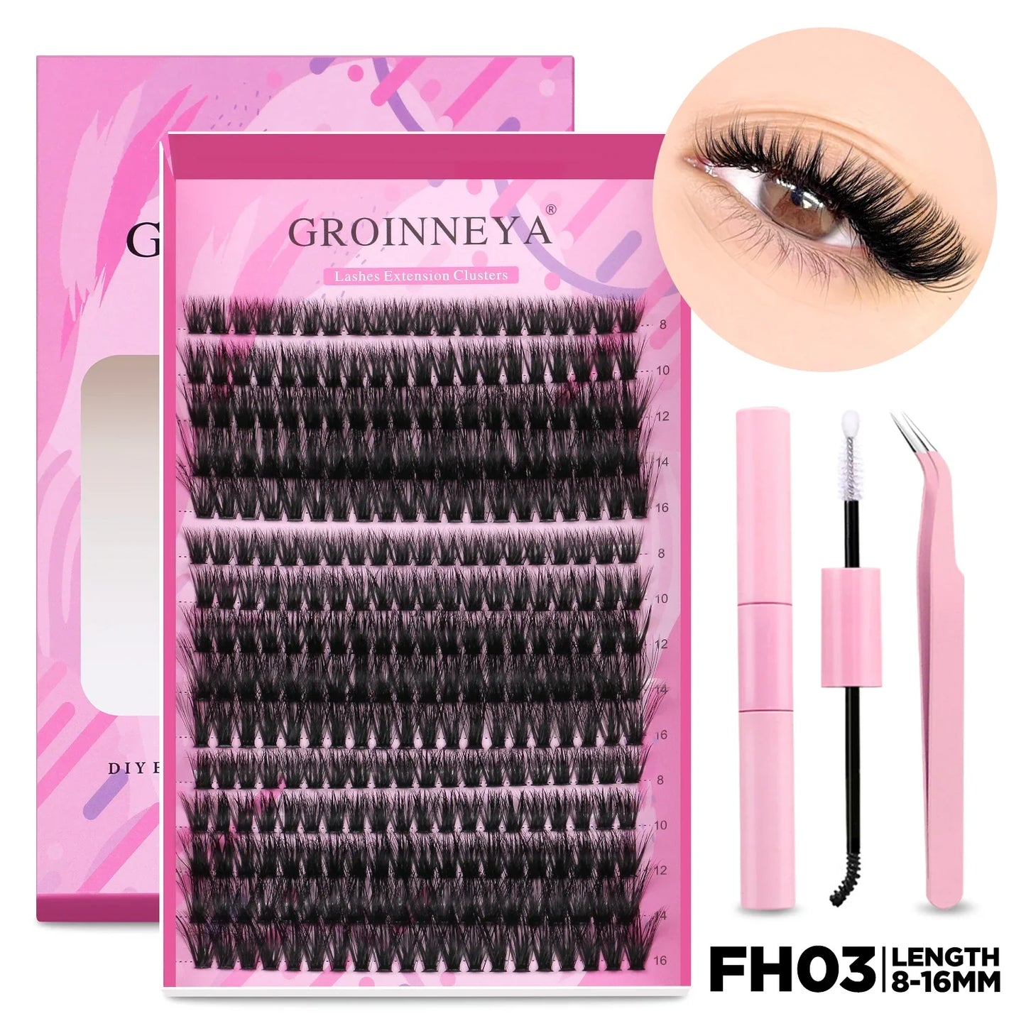 GROINNEYA DIY Lash Extension Kit – Cluster & Individual Lashes Set with Lash Bond & Seal for At-Home Eyelash Extension Makeup